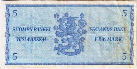 Банкнота 5 марок, 1963 год, Финляндия. P-106Aa(3). Банкнота 5 марок, 1963 год, Финляндия. P-106Aa(3).