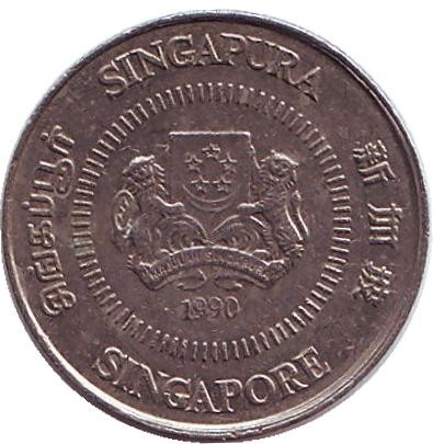 Монета 10 центов. 1990 год, Сингапур. Жасмин.