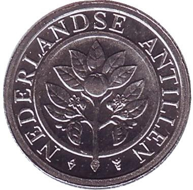 Монета 1 цент. 1990 год, Нидерландские Антильские острова. Цветок апельсинового дерева.