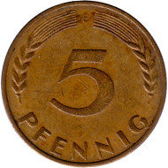 Монета 5 пфеннигов. 1970 год (F), ФРГ. Дубовые листья. Монета 5 пфеннигов. 1970 год (F), ФРГ. Дубовые листья.