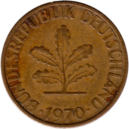 Монета 5 пфеннигов. 1970 год (F), ФРГ. Дубовые листья.