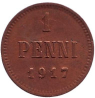 Монета 1 пенни. 1917 год, Финляндия в составе Российской Империи. Монета 1 пенни. 1917 год, Финляндия в составе Российской Империи.