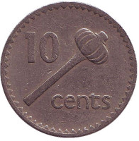 Метательная дубинка - ула тава тава. Монета 10 центов. 1976 год, Фиджи.