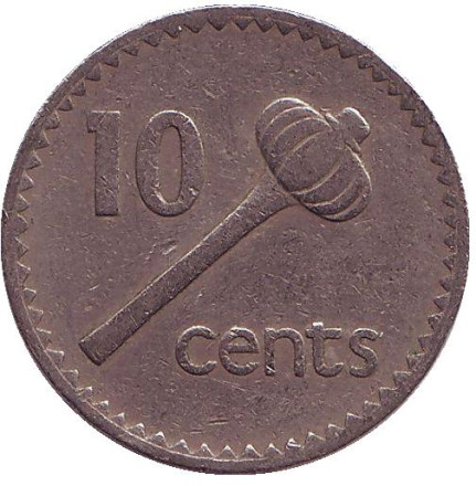 Монета 10 центов. 1976 год, Фиджи. Метательная дубинка - ула тава тава.