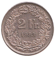 Монета 2 франка. 1983 год, Швейцария. Гельвеция. Монета 2 франка. 1983 год, Швейцария. Гельвеция.