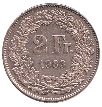 Монета 2 франка. 1983 год, Швейцария. Гельвеция.