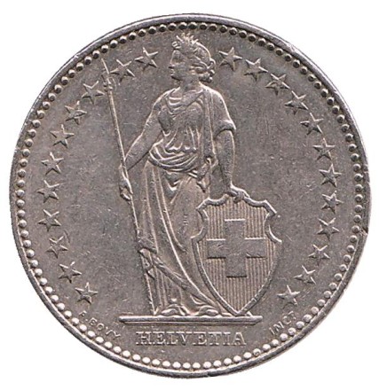 Монета 2 франка. 1983 год, Швейцария. Гельвеция.