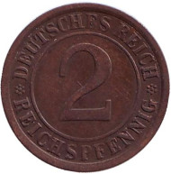 Монета 2 рейхспфеннига. 1924 год (A), Веймарская республика. Монета 2 рейхспфеннига. 1924 год (A), Веймарская республика.