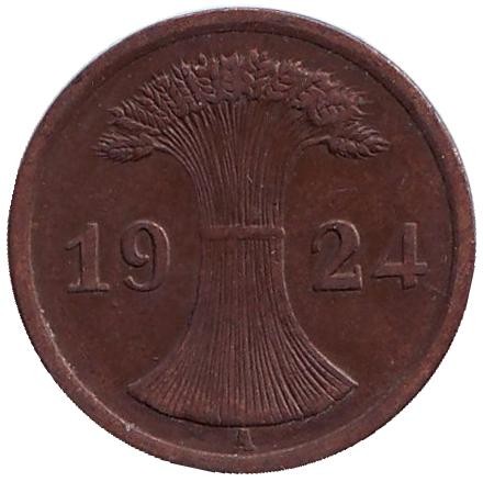 Монета 2 рейхспфеннига. 1924 год (A), Веймарская республика. Монета 2 рейхспфеннига. 1924 год (A), Веймарская республика.
