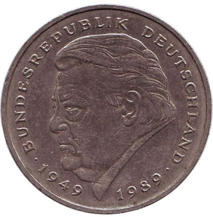 Монета 2 марки. 1990 год (F), ФРГ. Франц Йозеф Штраус.