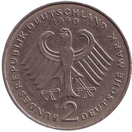 Монета 2 марки. 1990 год (F), ФРГ. Франц Йозеф Штраус. Монета 2 марки. 1990 год (F), ФРГ. Франц Йозеф Штраус.