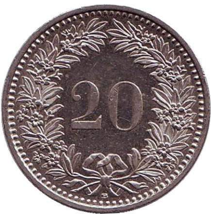 Монета 20 раппенов. 2008 год, Швейцария.