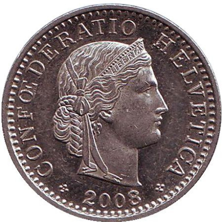 Монета 20 раппенов. 2008 год, Швейцария.