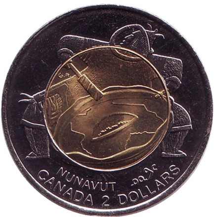 Монета 2 доллара. 1999 год, Канада. UNC. Основание Нунавута. Шаман.