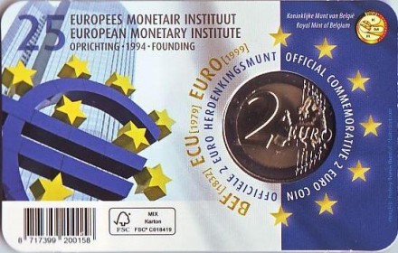 Монета 2 евро. 2019 год, Бельгия. (Надпись: Belgique) 25 лет Европейскому валютному институту (EMI).