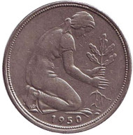 Монета 50 пфеннигов. 1950 (J) год, ФРГ. Женщина, сажающая дуб. Монета 50 пфеннигов. 1950 (J) год, ФРГ. Женщина, сажающая дуб.