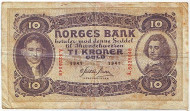Банкнота 10 крон. 1941 год, Норвегия. Банкнота 10 крон. 1941 год, Норвегия.