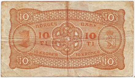 Банкнота 10 крон. 1941 год, Норвегия. Банкнота 10 крон. 1941 год, Норвегия.