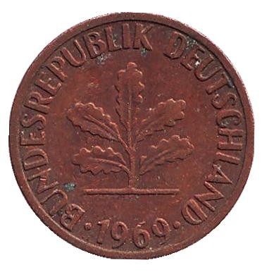 Монета 1 пфенниг. 1969 год (G), ФРГ. Дубовые листья. Монета 1 пфенниг. 1969 год (G), ФРГ. Дубовые листья.