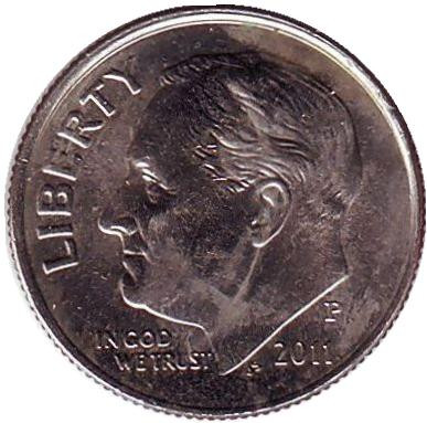 Монета 10 центов. 2011 (P) год, США. Рузвельт.