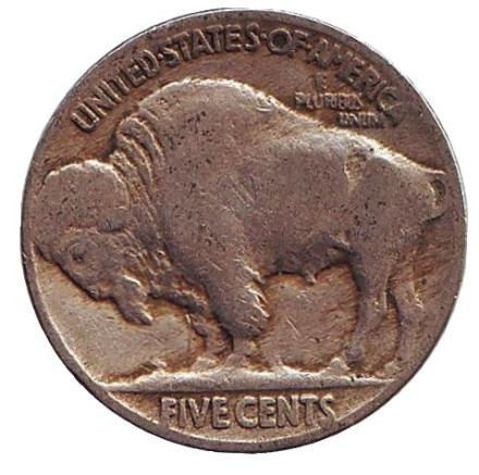 Монета 5 центов. 1927 год (P), США. Бизон. Индеец.