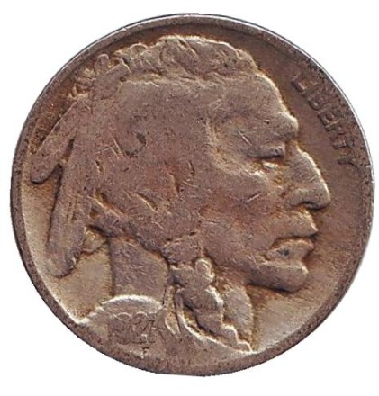 Монета 5 центов. 1927 год (P), США. Бизон. Индеец.