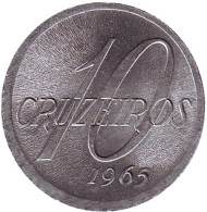 Монета 10 крузейро. 1965 год, Бразилия. Монета 10 крузейро. 1965 год, Бразилия.