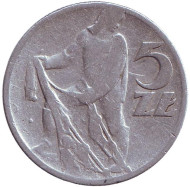 Монета 5 злотых. 1958 год, Польша. Рыбак. Монета 5 злотых. 1958 год, Польша. Рыбак.