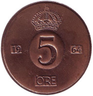 Монета 5 эре. 1964 год, Швеция. Монета 5 эре. 1964 год, Швеция.