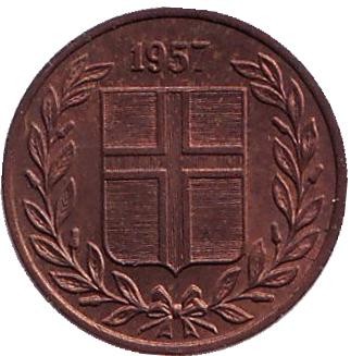 Монета 1 аурар. 1957 год, Исландия.