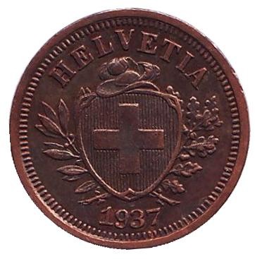 Монета 1 раппен. 1937 год, Швейцария.