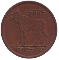 Монета 5 эре. 1965 год, Норвегия. Лось. Монета 5 эре. 1965 год, Норвегия. Лось.