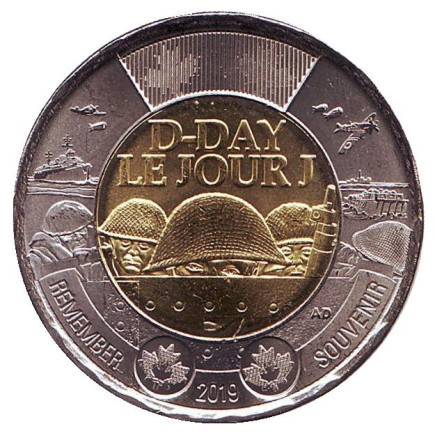Монета 2 доллара. 2019 год, Канада. 75 лет высадке союзников в Нормандии.