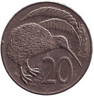 Монета 20 центов. 1986 год, Новая Зеландия. Киви (птица). Монета 20 центов. 1986 год, Новая Зеландия. Киви (птица).