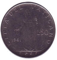 Монета 50 лир. 1961 год, Ватикан. Фигура Надежды с якорем. Монета 50 лир. 1961 год, Ватикан. Фигура Надежды с якорем.