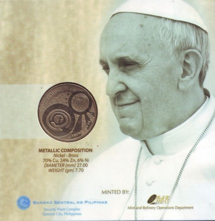 Монета 50 песо. 2015 год, Филиппины. Визит папы римского Франциска.