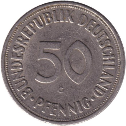 Монета 50 пфеннигов. 1970 (G) год, ФРГ. Женщина, сажающая дуб. Монета 50 пфеннигов. 1970 (G) год, ФРГ. Женщина, сажающая дуб.