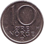 Монета 10 эре. 1984 год, Норвегия. Монета 10 эре. 1984 год, Норвегия.
