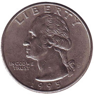 Монета 25 центов. 1995 (D) год, США. Вашингтон. Монета 25 центов. 1995 (D) год, США. Вашингтон.
