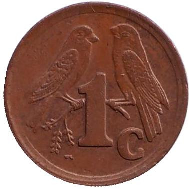 Монета 1 цент. 1992 год, Южная Африка. Южноафриканские (Капские) воробьи.