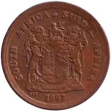 Монета 1 цент. 1992 год, Южная Африка. Южноафриканские (Капские) воробьи.