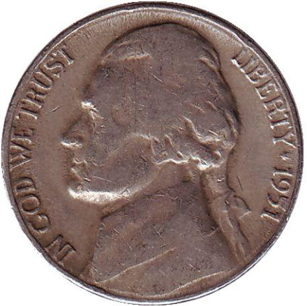 Монета 5 центов. 1951 год (D), США. Джефферсон. Монтичелло.