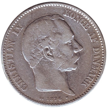Монета 2 кроны. 1876 год, Дания. Король Кристиан IX. Монета 2 кроны. 1876 год, Дания. Король Кристиан IX.