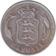 Монета 2 кроны. 1876 год, Дания. Король Кристиан IX. Монета 2 кроны. 1876 год, Дания. Король Кристиан IX.