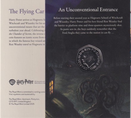 Монета 50 пенсов. 2025 год, Великобритания. Гарри Поттер. Летающий автомобиль. В буклете. Монета 50 пенсов. 2025 год, Великобритания. Гарри Поттер. Летающий автомобиль. В буклете.