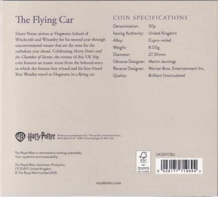 Монета 50 пенсов. 2025 год, Великобритания. Гарри Поттер. Летающий автомобиль. В буклете. Монета 50 пенсов. 2025 год, Великобритания. Гарри Поттер. Летающий автомобиль. В буклете.