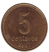 Монета 5 сентаво. 2007 год, Аргентина. Монета 5 сентаво. 2007 год, Аргентина.