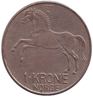Монета 1 крона. 1972 год, Норвегия. Лошадь. Монета 1 крона. 1972 год, Норвегия. Лошадь.