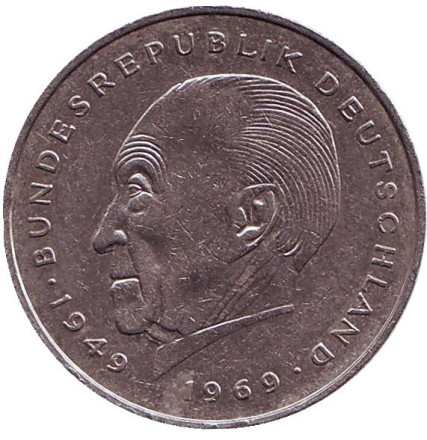 Монета 2 марки. 1981 год (J), ФРГ. Из обращения. Конрад Аденауэр.
