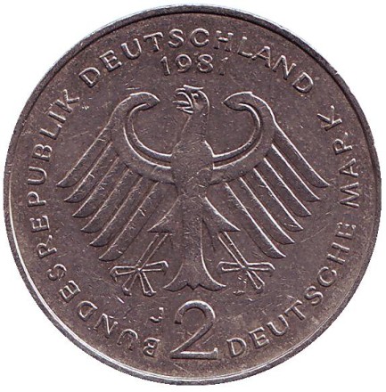 Монета 2 марки. 1981 год (J), ФРГ. Конрад Аденауэр. Монета 2 марки. 1981 год (J), ФРГ. Конрад Аденауэр.